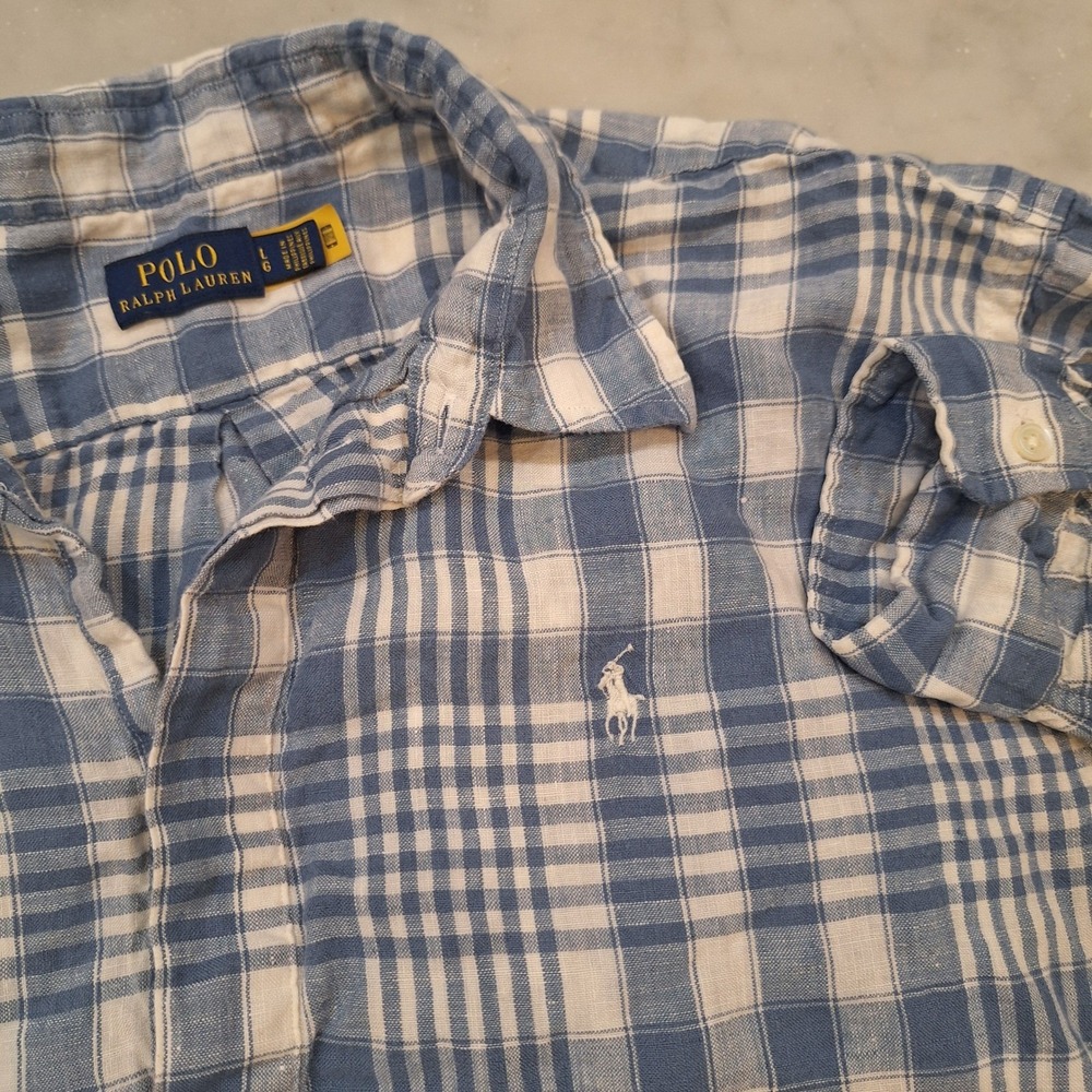 Polo Ralph Lauren Linen Check Pullover Shirt Wom Lg Blue Plaid LS Authenticated